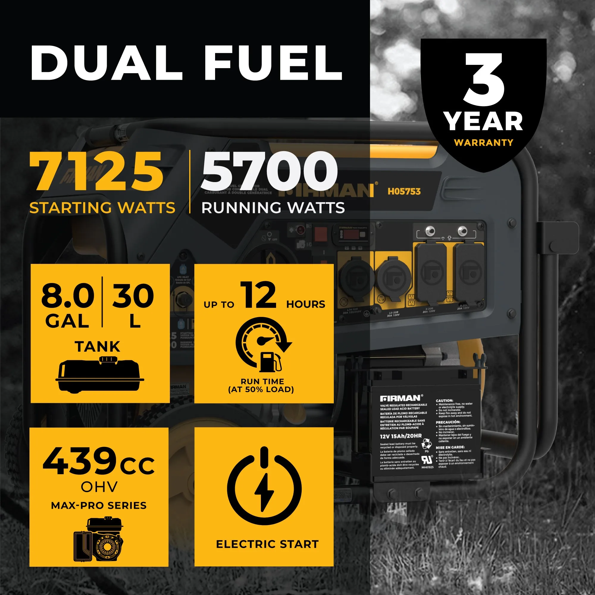 Dual Fuel Portable Generator 5700W Electric Start 120/240V