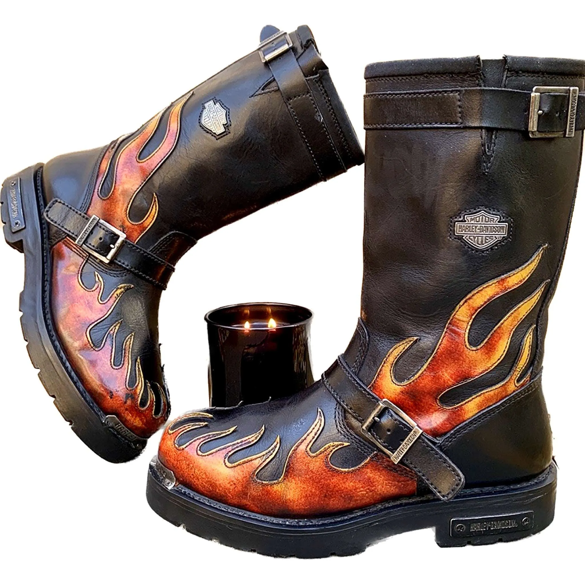 HARLEY-DAVIDSON Vintage Harness Flame Tall Black Leather Biker Moto Motorcycle Boots
