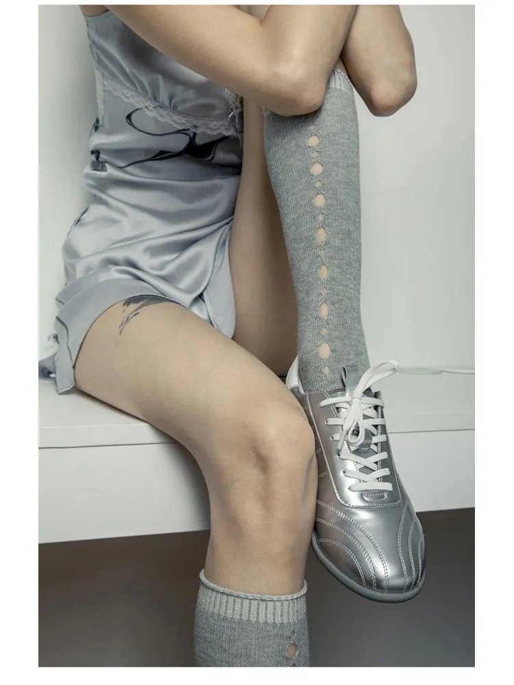 Metallic Silver Lace-Up Sneakers【s0000006653】