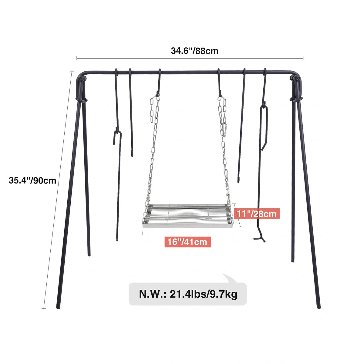 Portable Hanging Campfire Swing Grill Stand with Dutch Oven Lid Lifter & Hooks For Outdoor Cooking