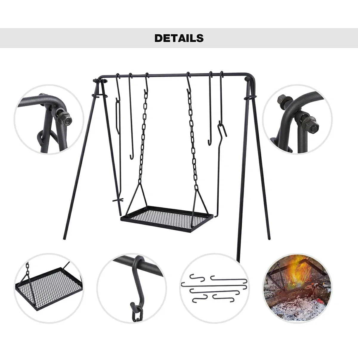 Portable Hanging Campfire Swing Grill Stand with Dutch Oven Lid Lifter & Hooks For Outdoor Cooking